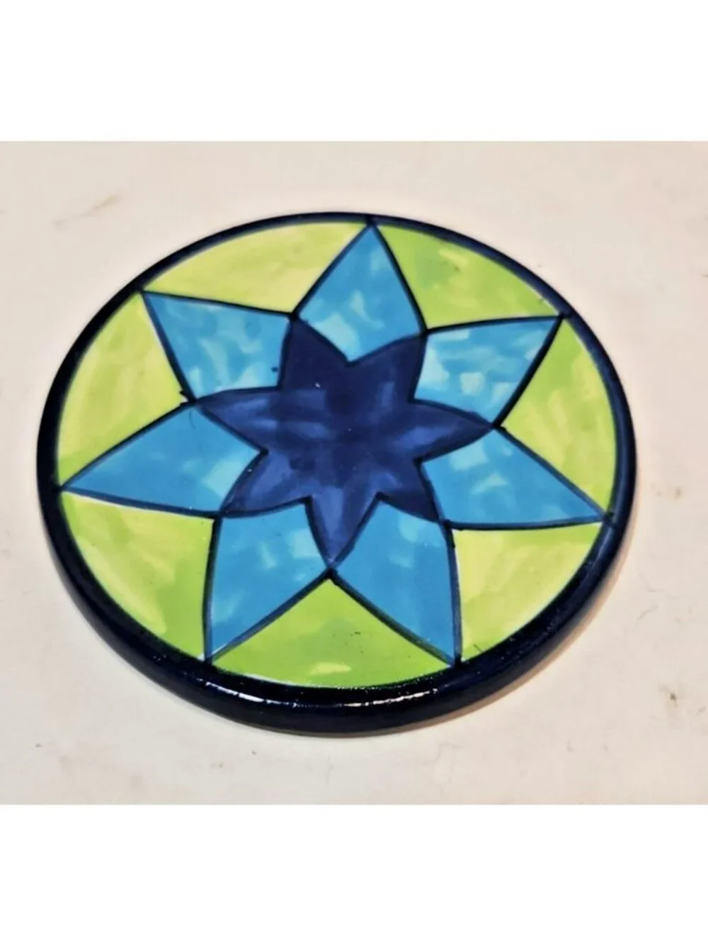 Vtg Pier One Ceramic Handpainted Talavera Style Coasters Blue And Green Set Of 4